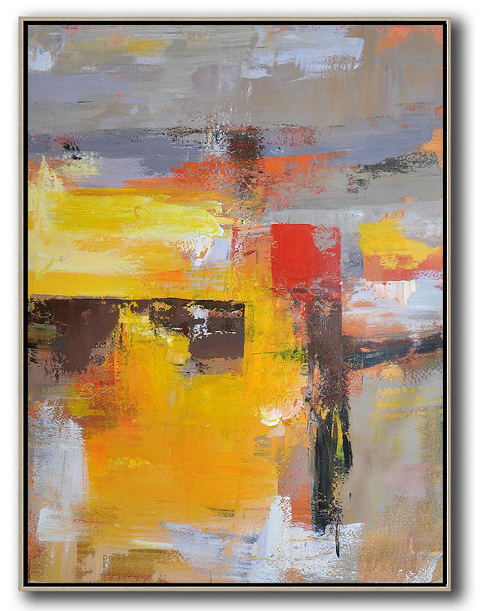 Vertical Palette Knife Contemporary Art,Large Living Room Decor,Yellow,Red,Purple,Grey